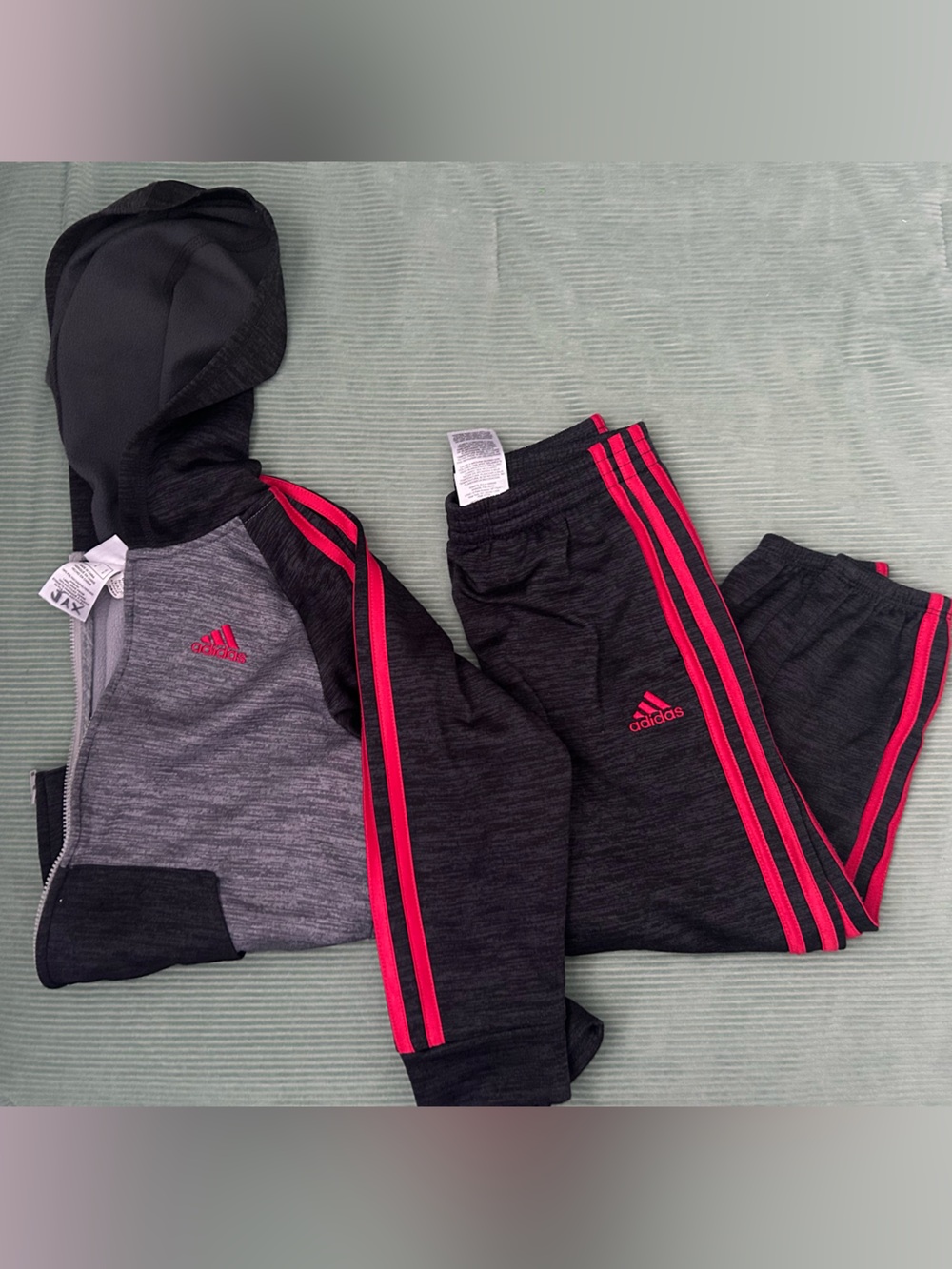 adidas Kids Black & Gray Leggings with Bright Pink Stripe Accents